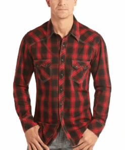 Rock & Roll Cowboy Men's Red Plaid Snap Shirt